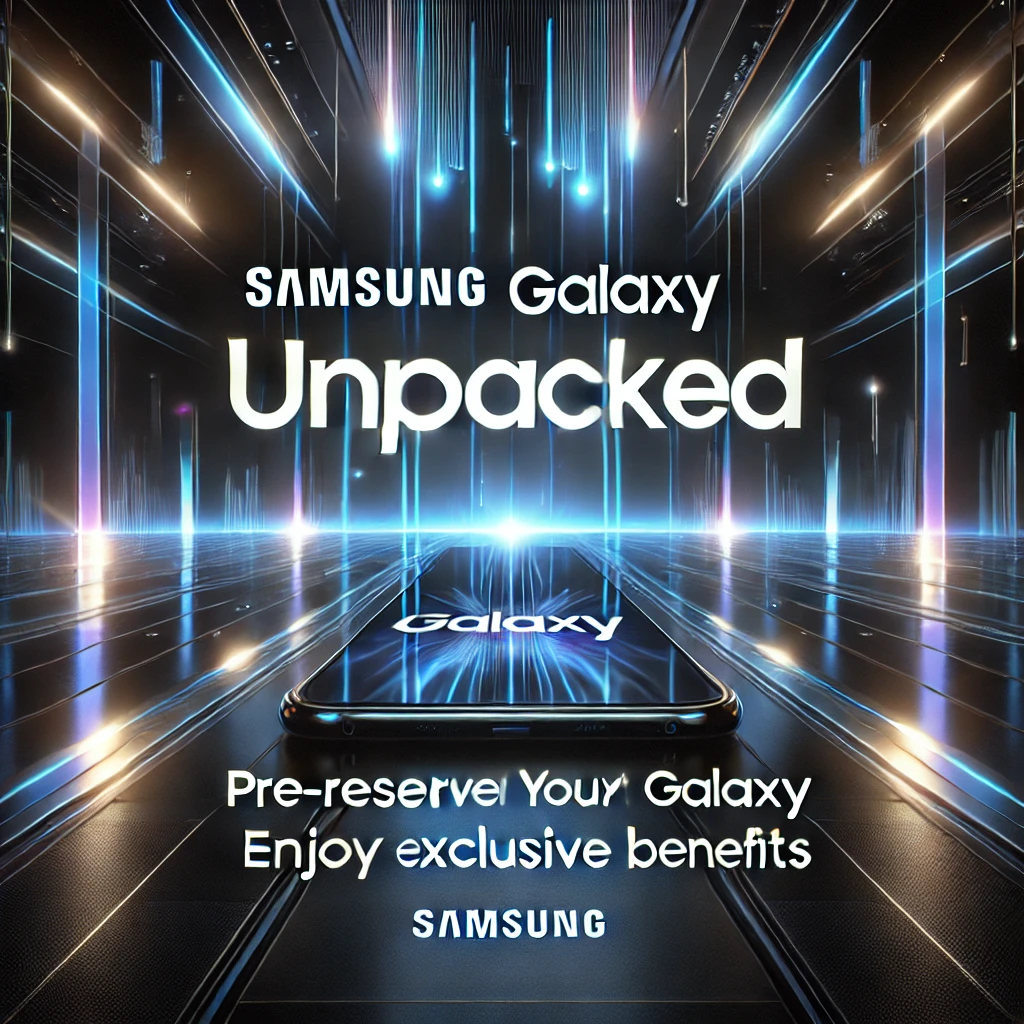 DALL·E 2025-01-14 23.16.28 - A promotional image for the Samsung Galaxy Unpacked event, showcasing a sleek futuristic design. The background features a dynamic blend of glowing ne (1)